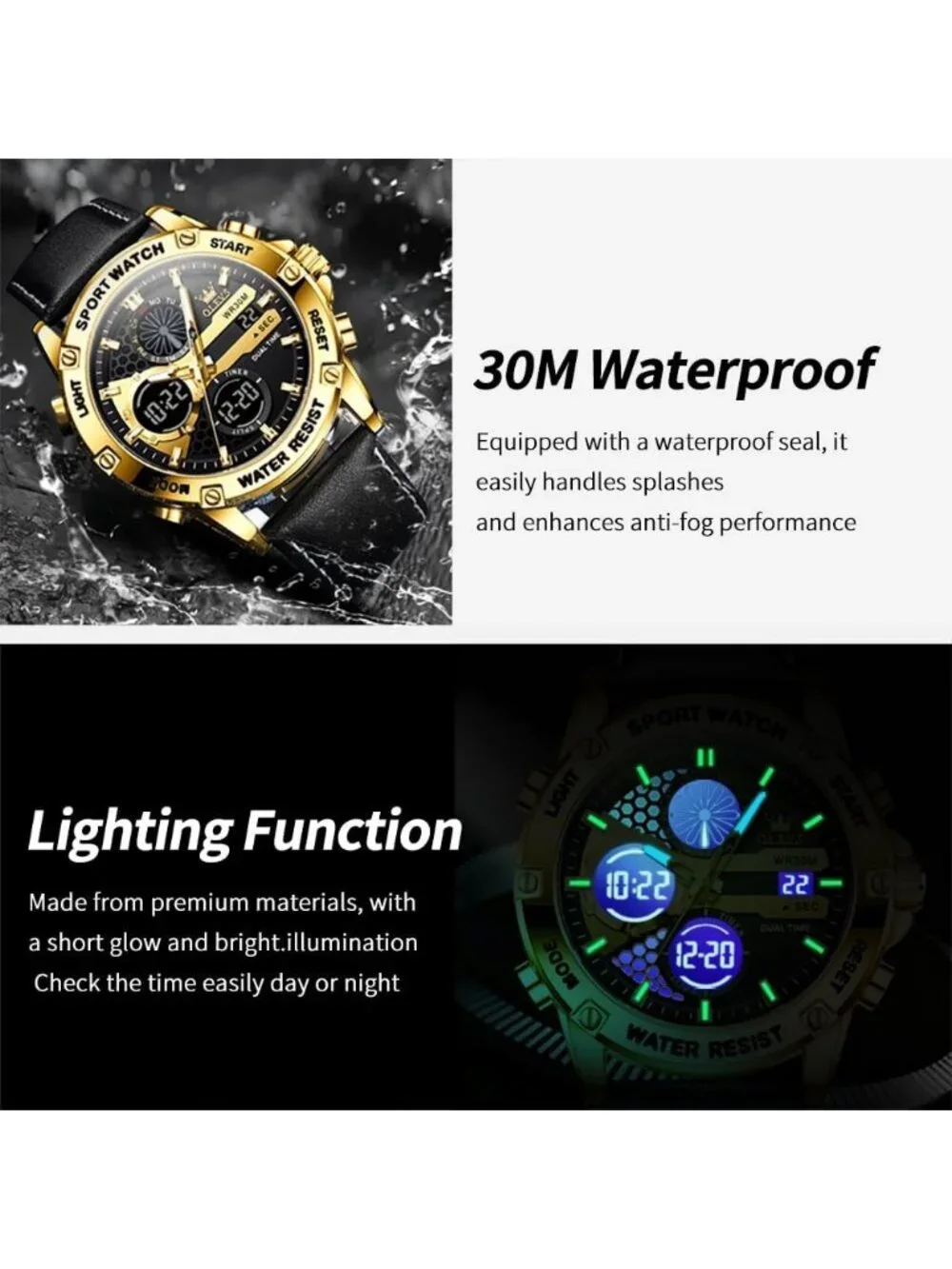 Men's Gold Black Leather Chronograph Fashion Digital Waterproof Wrist Watch